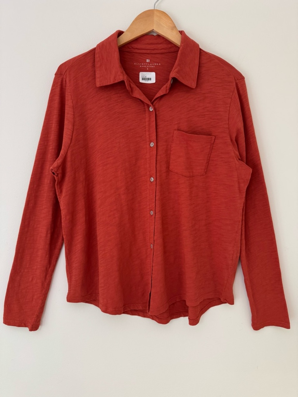 Elliott Lauren Rust Orange Red Slub Knit Button-Down Shirt in Pumpkin Size L